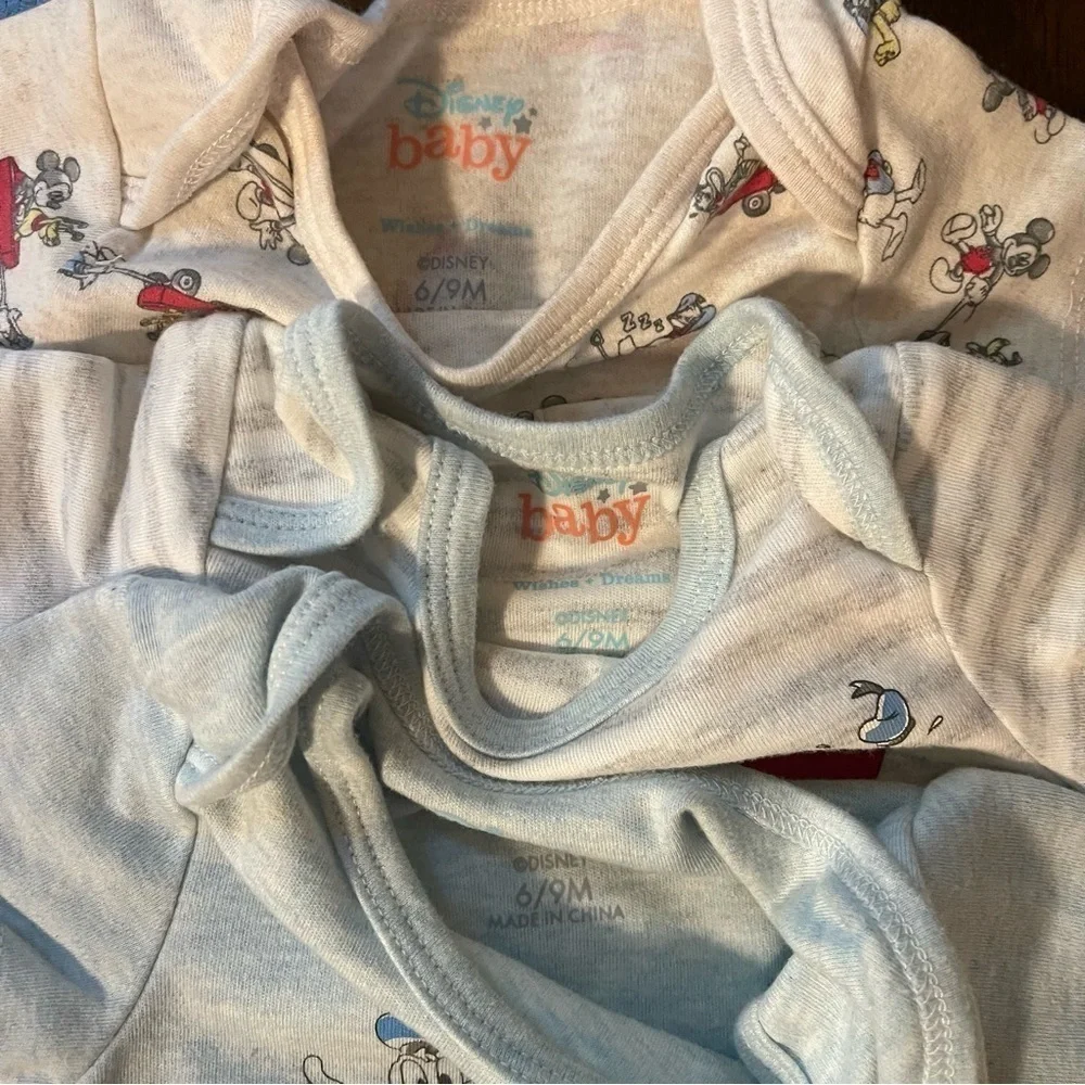Disney Baby | (3) short sleeve Mickey Mouse and friends onesie bundle | 6-9 mo